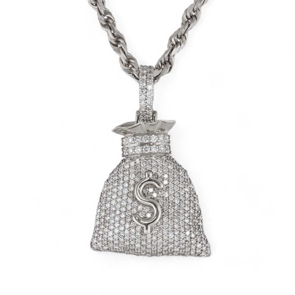 14k Gold Diamond Money Bag Pendant - White Gold image