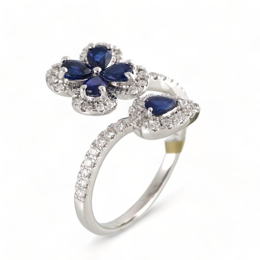 14k White Gold Diamond Blue Stone Flowers Ring image 0