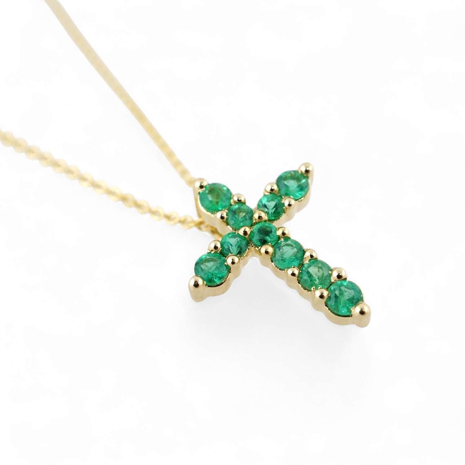 14k Yellow Gold Diamond Green Cross Chain image 2
