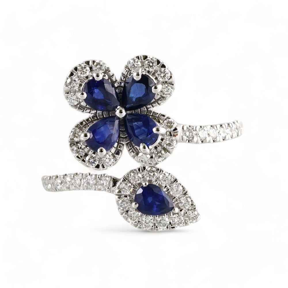 14k White Gold Diamond Blue Stone Flowers Ring image 1