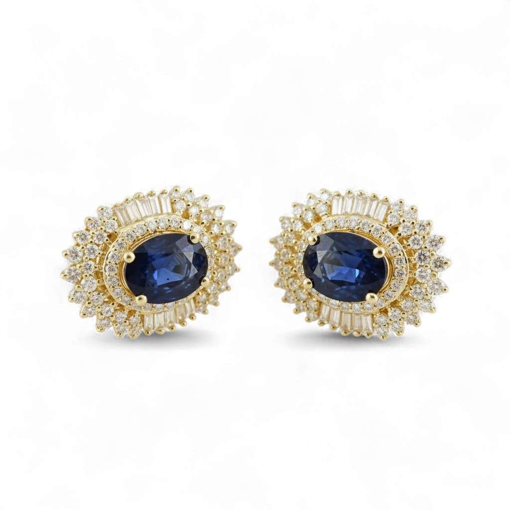 14k Yellow Gold Diamond Oval Sapphire Stone Studs image 0