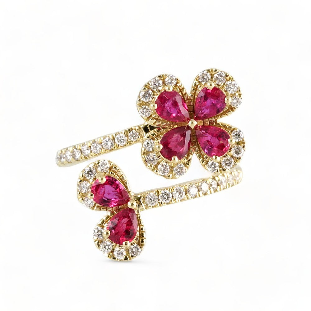 14k Gold Diamond Red Flowers Ring image 2