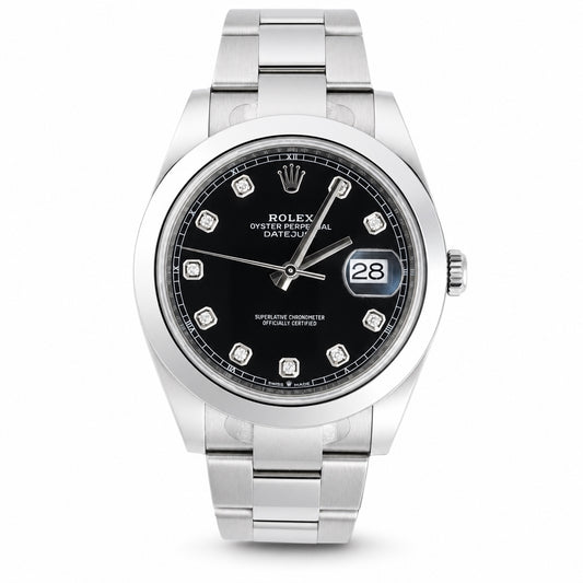 Rolex Datejust stainless steel watch with a black dial, diamond hour markers, and a date window, shown on a white background.