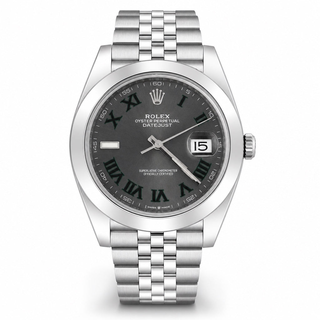 Rolex Oyster Perpetual Datejust watch with a silver stainless steel case and bracelet, featuring a dark gray dial with Roman numerals and a date window.