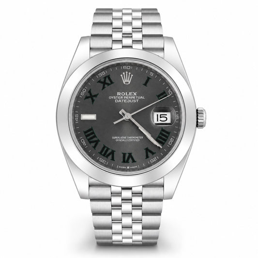 Rolex Oyster Perpetual Datejust watch with a silver stainless steel case and bracelet, featuring a dark gray dial with Roman numerals and a date window.