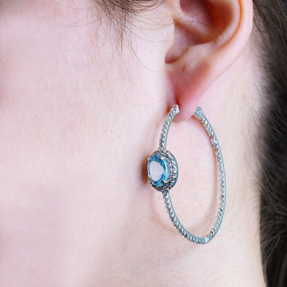14k Diamond Light Blue Stone and White Gold Hoops image 3