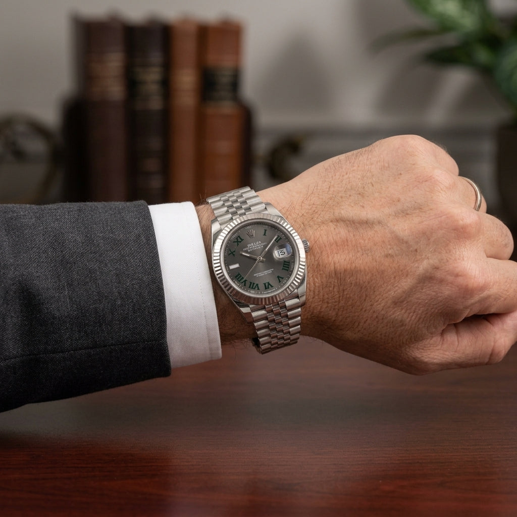 A silver-toned stainless steel wristwatch with a dark gray dial and matching metal link bracelet, worn on a person's wrist. The watch is shown in a lifestyle setting, styled with a dark gray suit jacket and white dress shirt cuff, with a blurred background of books and a plant.