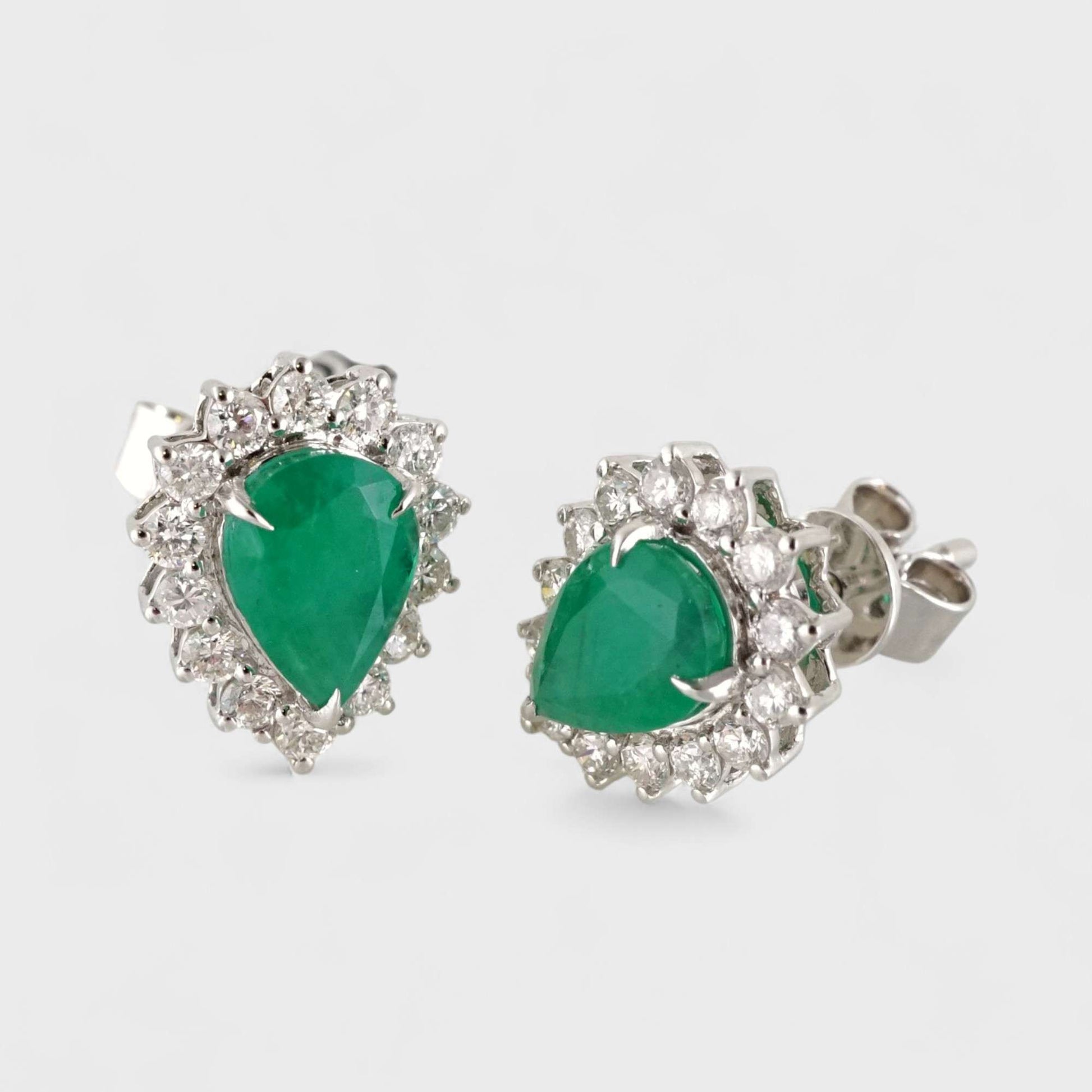 14k White Gold Diamond Green Stone Almond Studs image 0