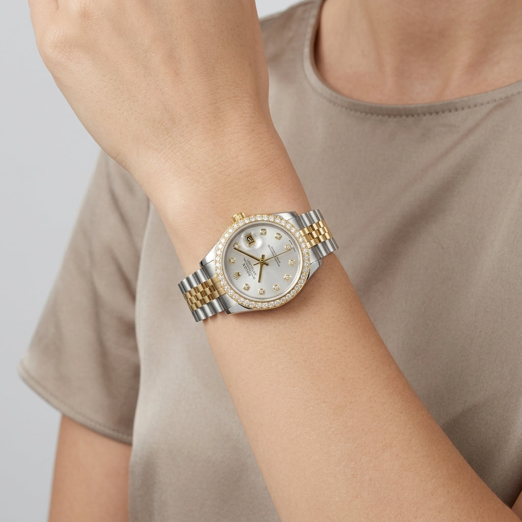 A two-tone wristwatch with a gold and silver metal bracelet, a white dial, and a bezel set with small clear stones, shown worn on a person's wrist.