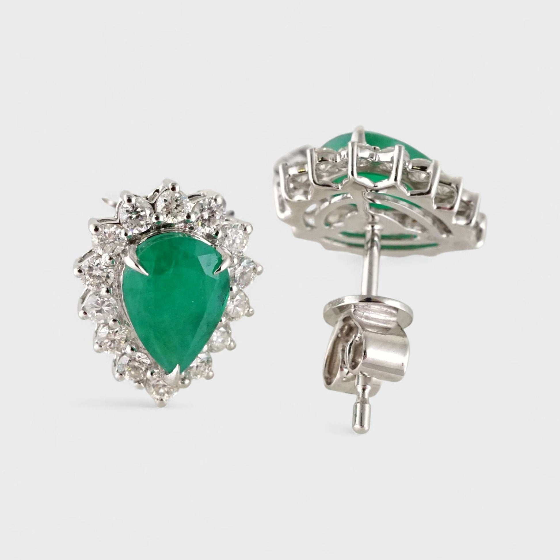 14k White Gold Diamond Green Stone Almond Studs image 1