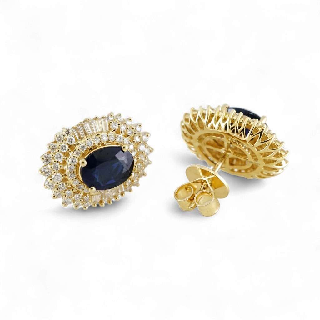 14k Yellow Gold Diamond Oval Sapphire Stone Studs image 1