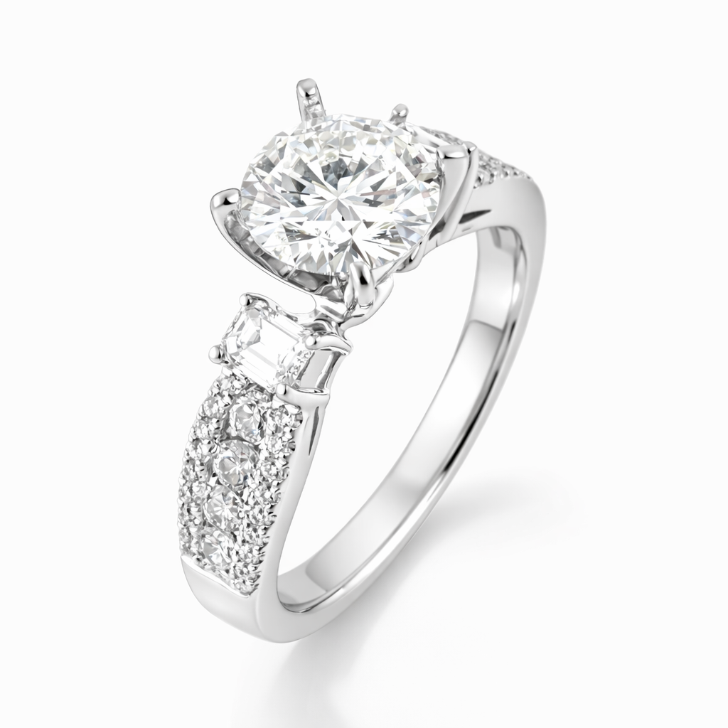 Diamond ring with a central gemstone and smaller stones on a white background