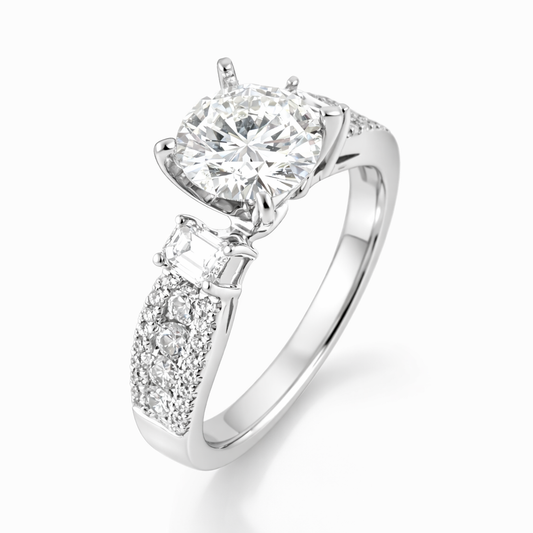 Diamond ring with a central gemstone and smaller stones on a white background
