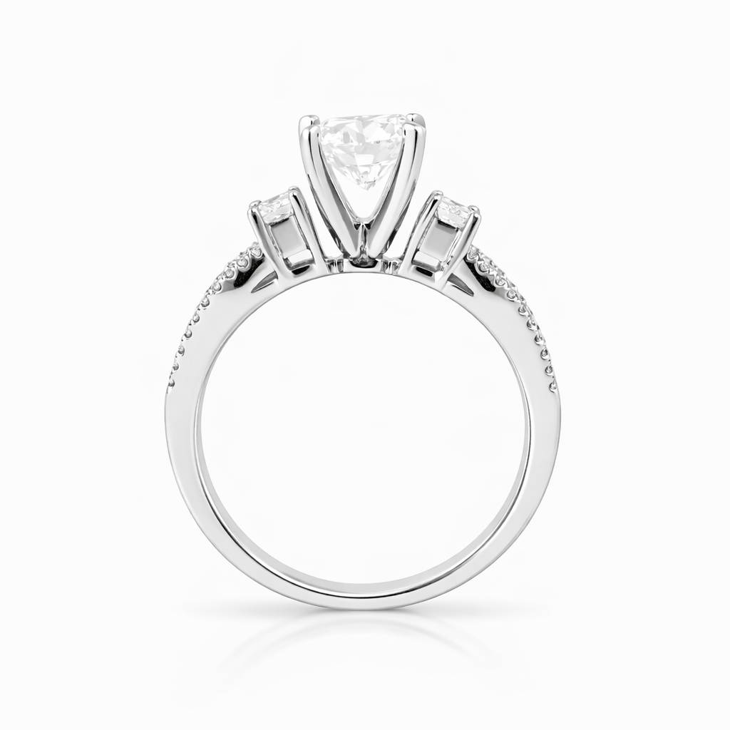 Diamond ring with a trapezoid-shaped center stone on a white background