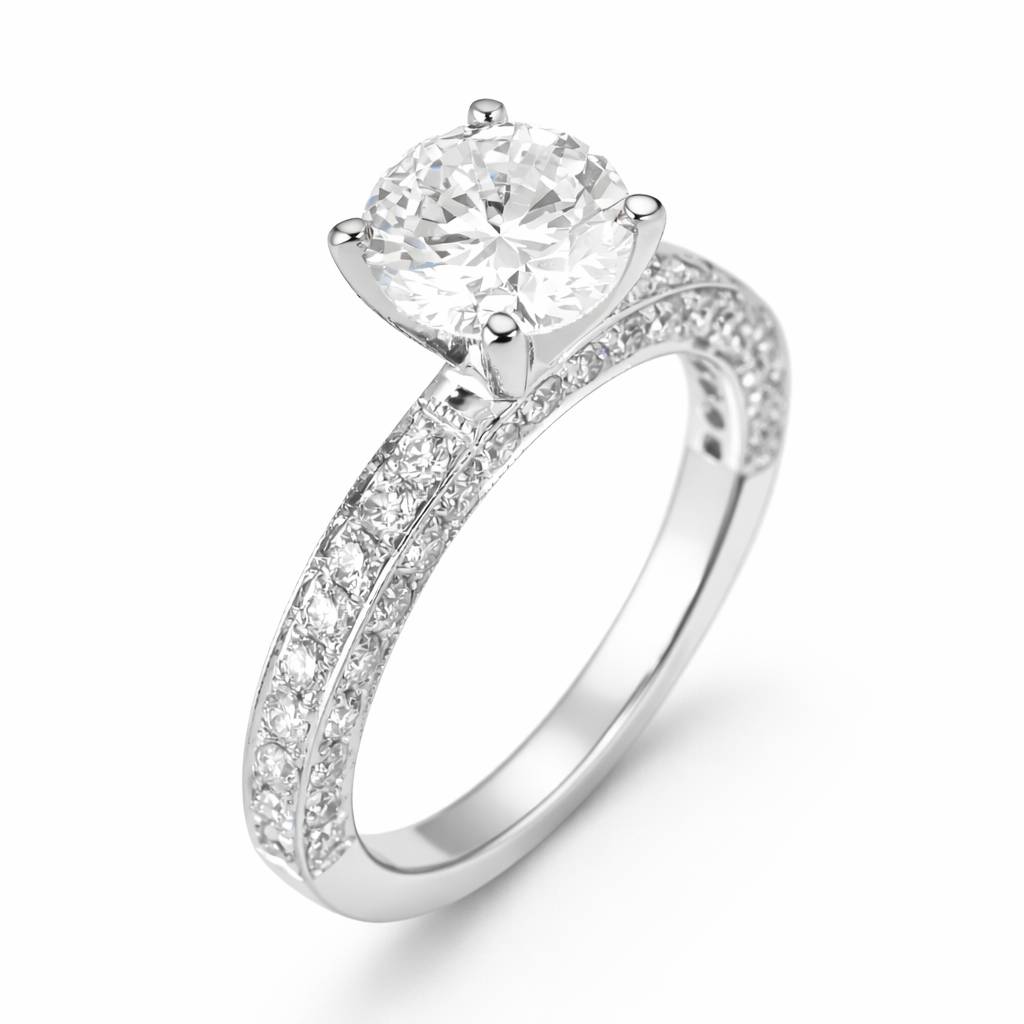 Diamond ring with a clear gemstone on a white background