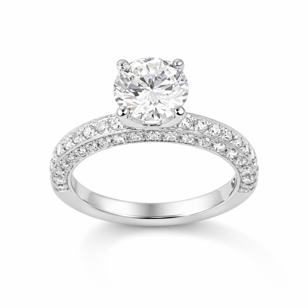 Diamond ring with a white gemstone on a white background