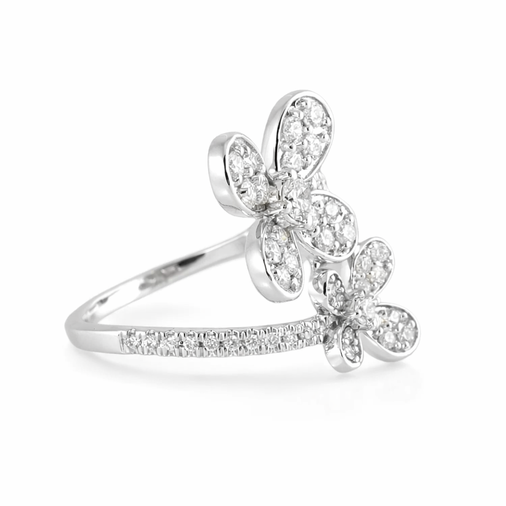 14k White Gold Diamond 2 Flowers Ring