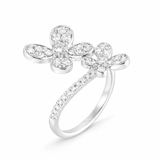 14k White Gold Diamond 2 Flowers Ring