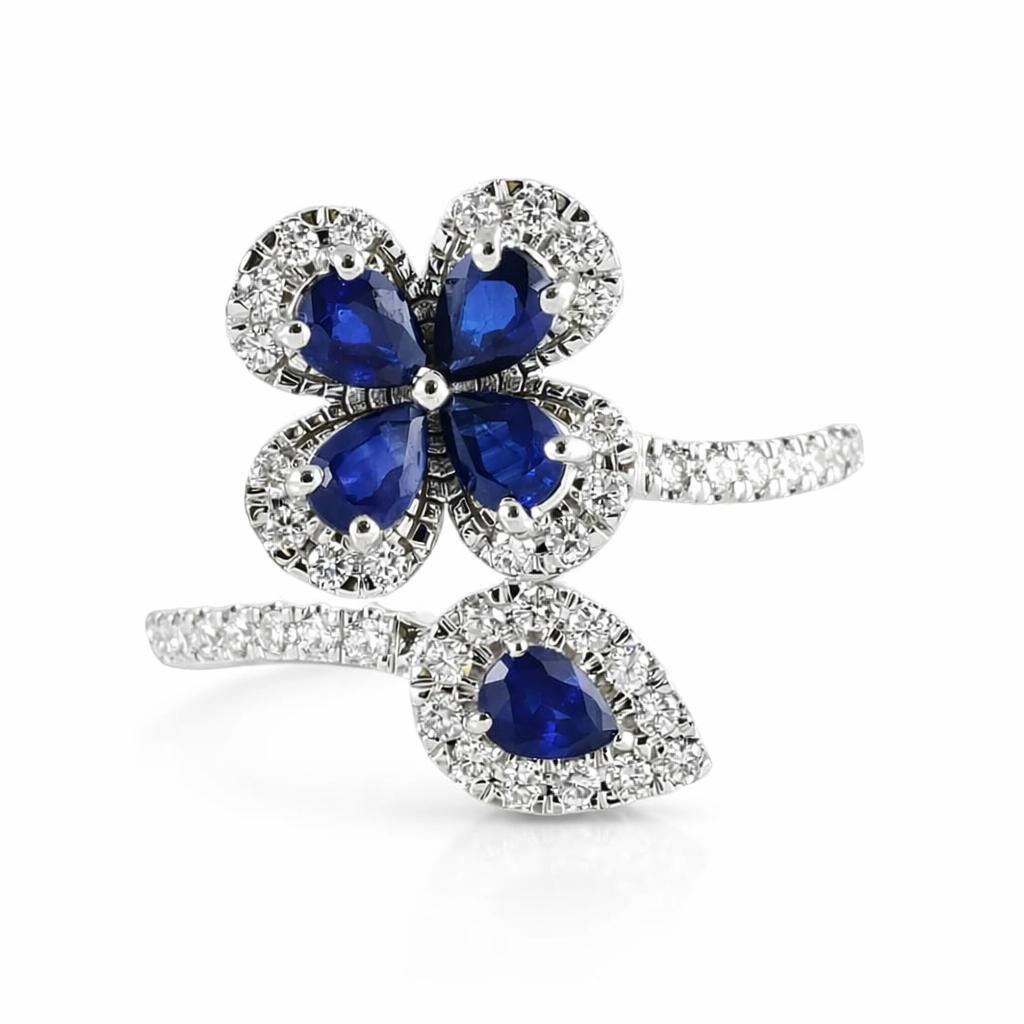 14k White Gold Diamond Blue Stone Flowers Ring
