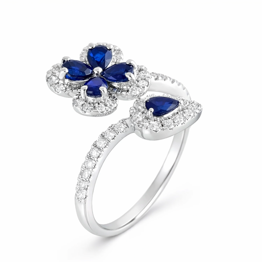 14k White Gold Diamond Blue Stone Flowers Ring