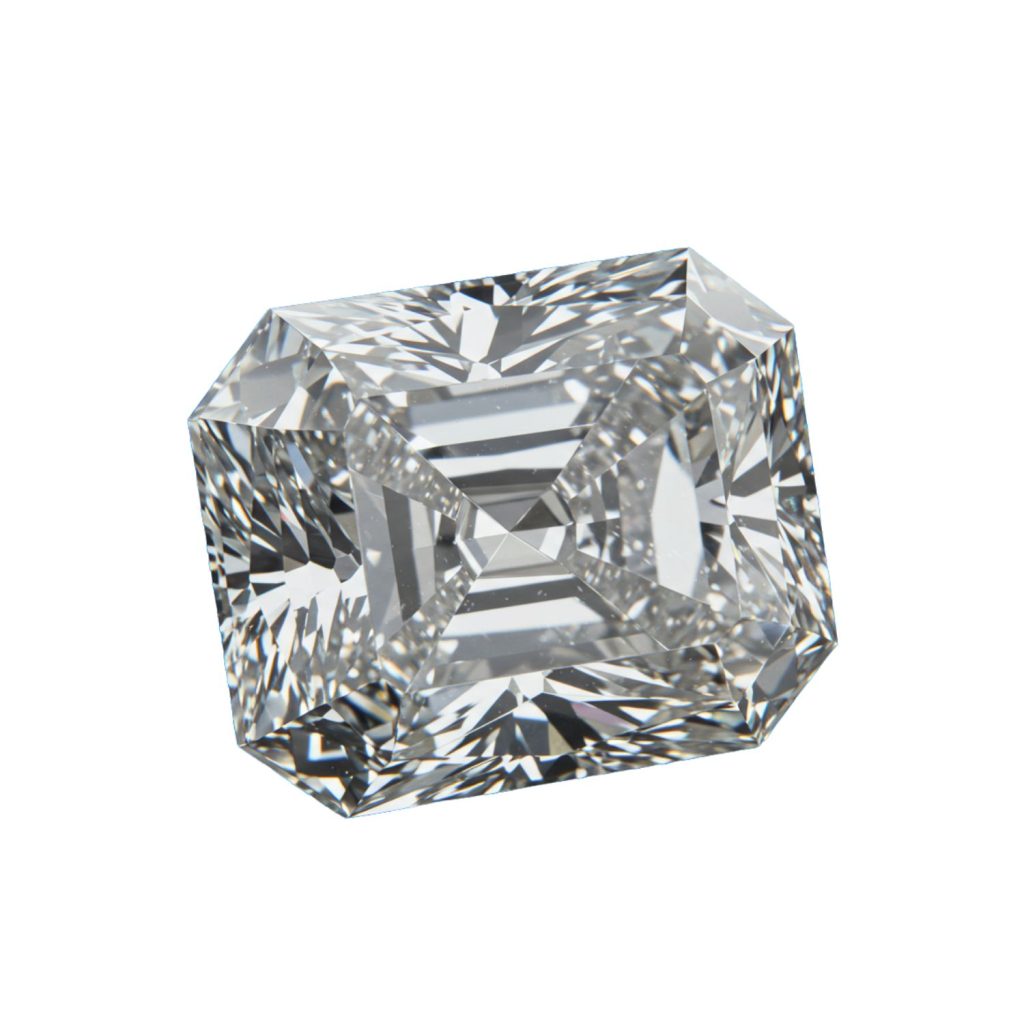 Radiant cut diamond on a white background