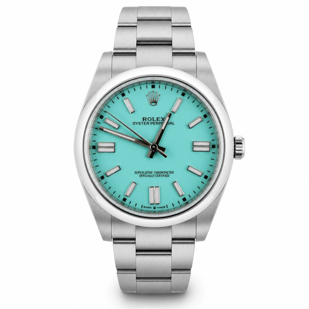 Rolex Oyster Perpetual Superlative Chronometer with a distinctive turquoise dial and a stainless steel Oyster bracelet, shown against a plain white background.