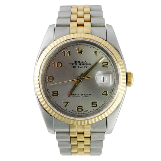 Two-tone Rolex watch with silver and gold band on a white background