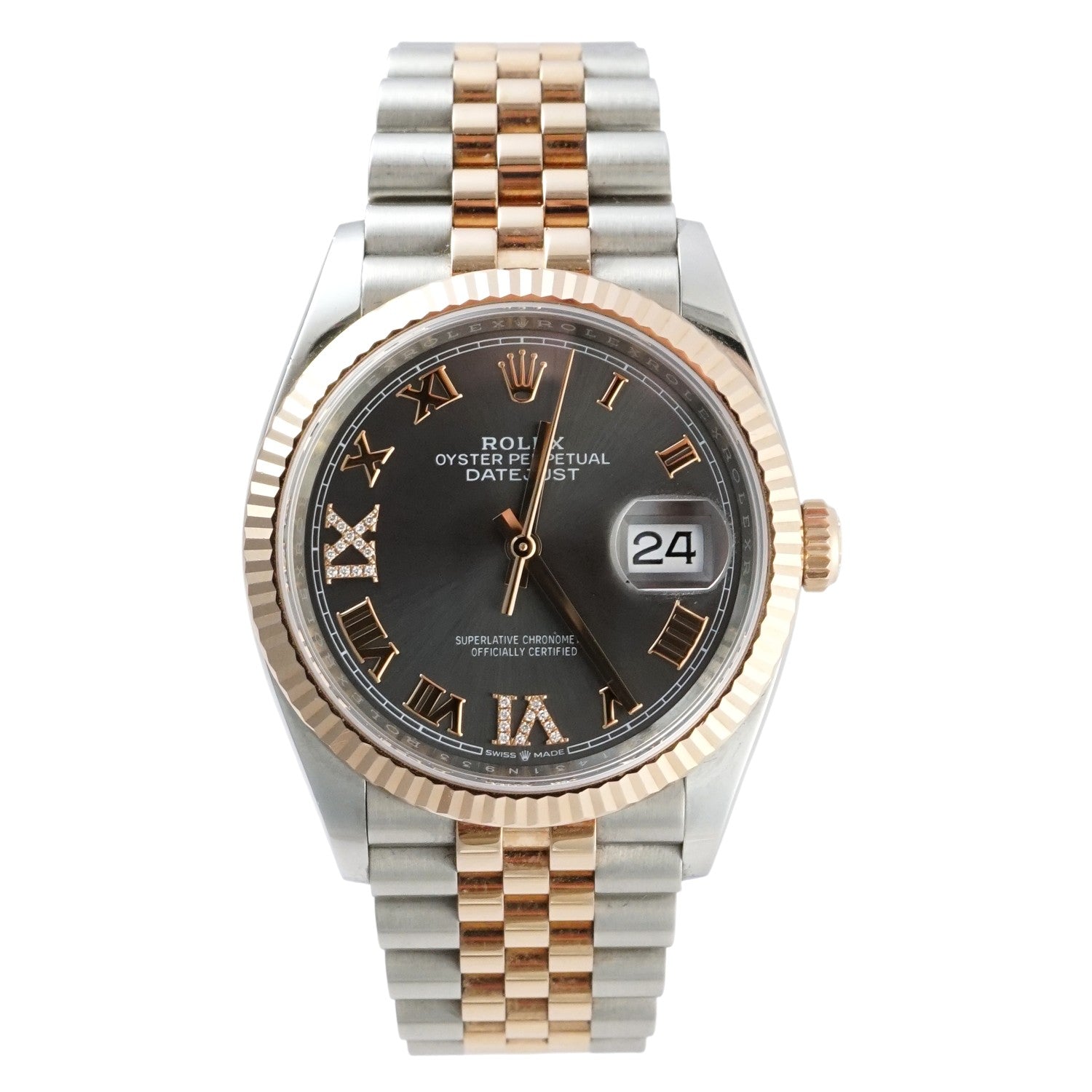 Two-tone watch with silver and rose gold band on a white background