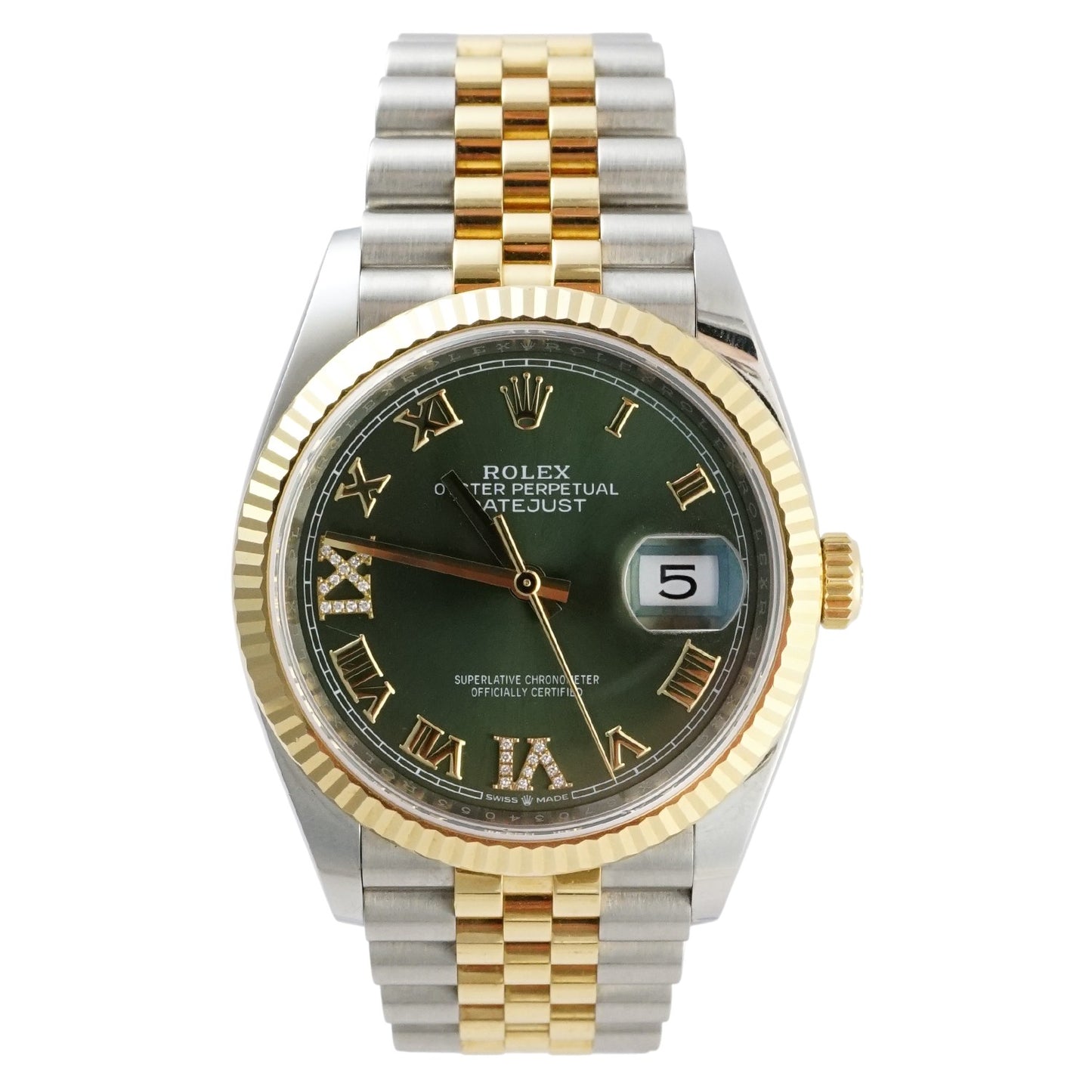 Rolex watch with two-tone gold and silver bracelet on a white background