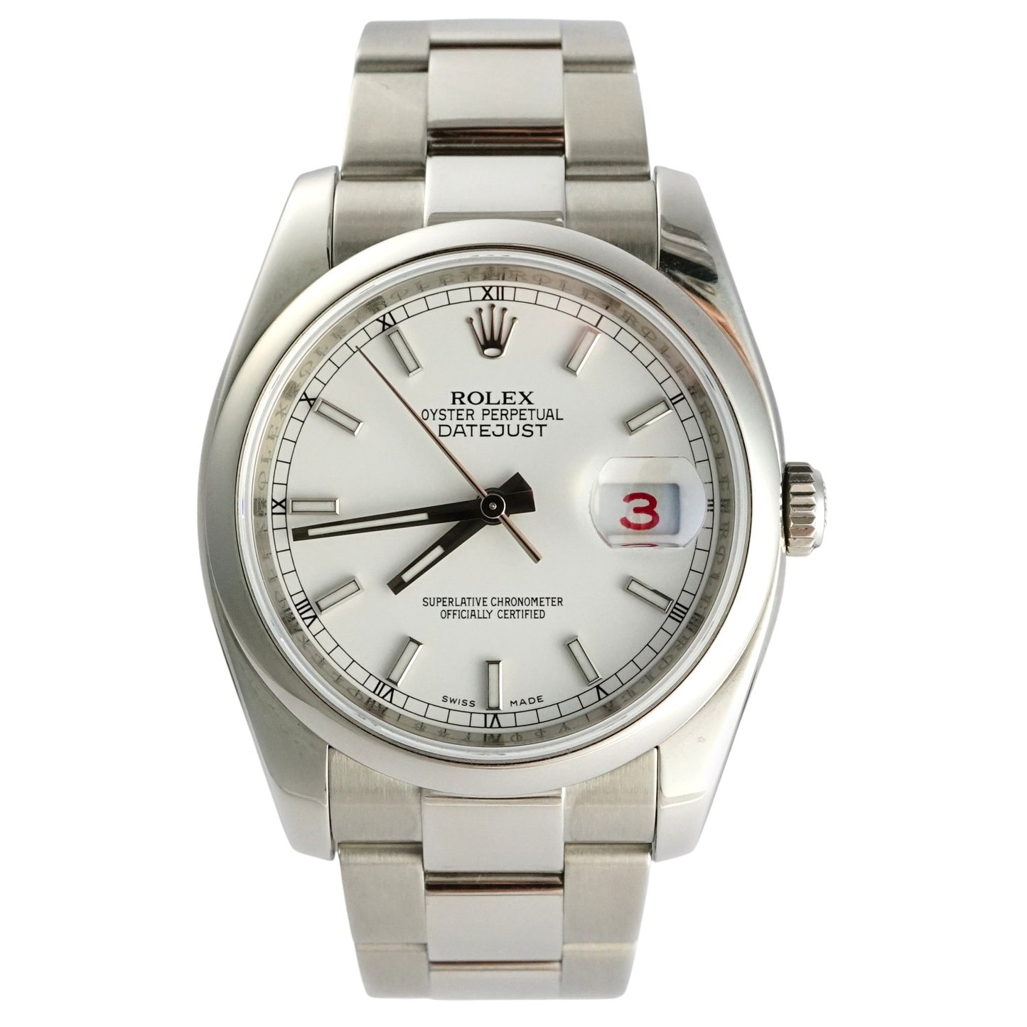 Silver Rolex watch with a white face on a white background