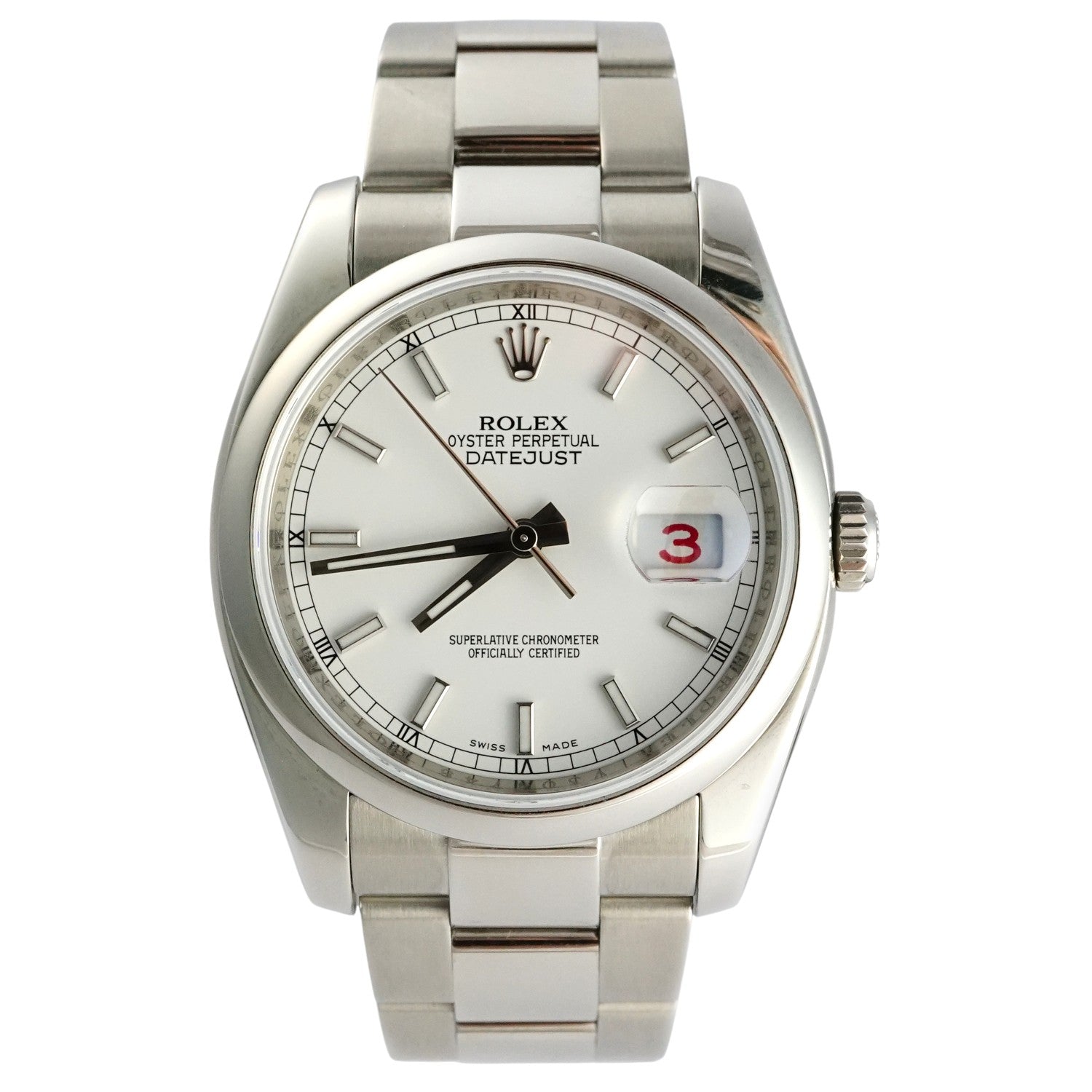 Silver Rolex watch with a white face on a white background