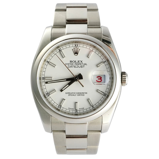 Silver Rolex watch with a white face on a white background