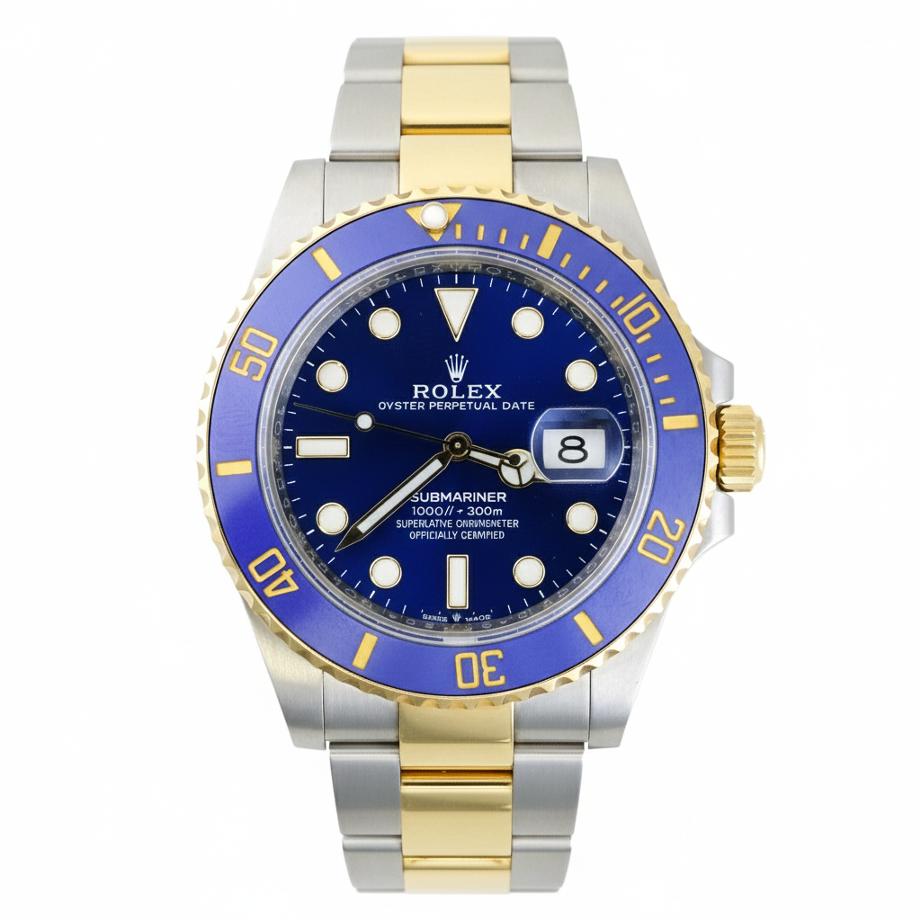 Two-tone Rolex watch with blue face and gold accents on a white background