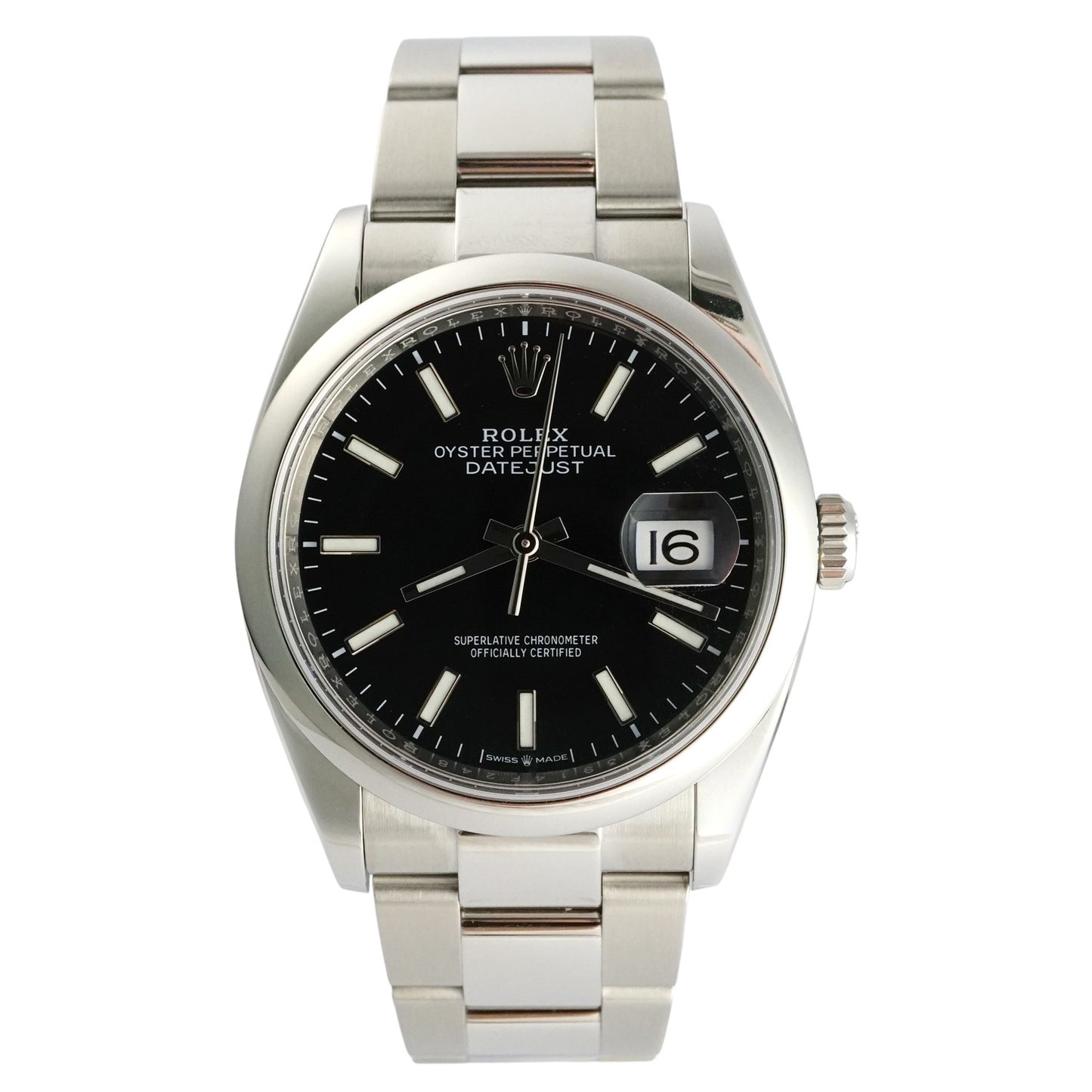 Rolex watch with black dial and silver metal bracelet on a white background