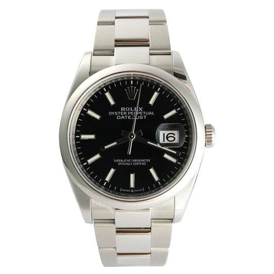 Rolex watch with black dial and silver metal bracelet on a white background