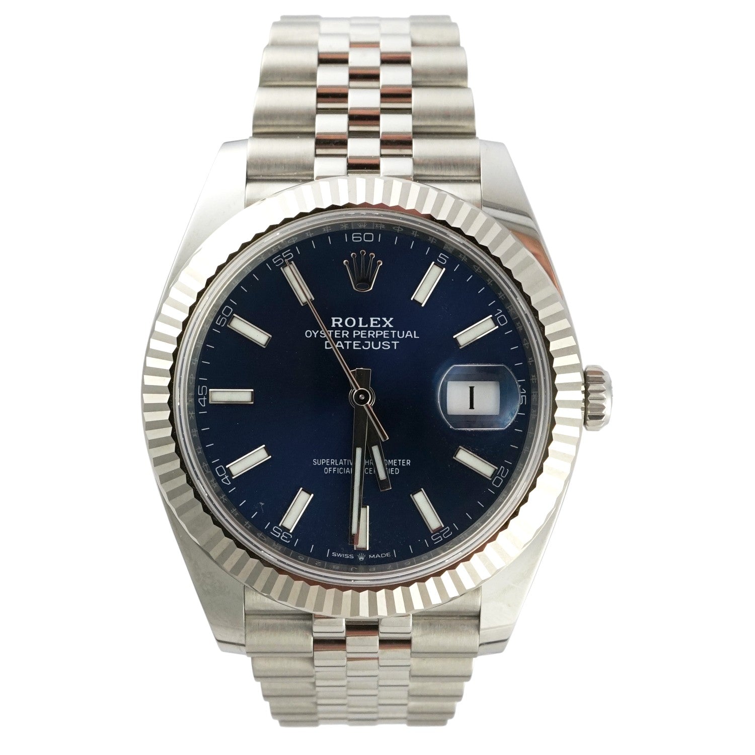 Silver watch with a blue dial on a white background