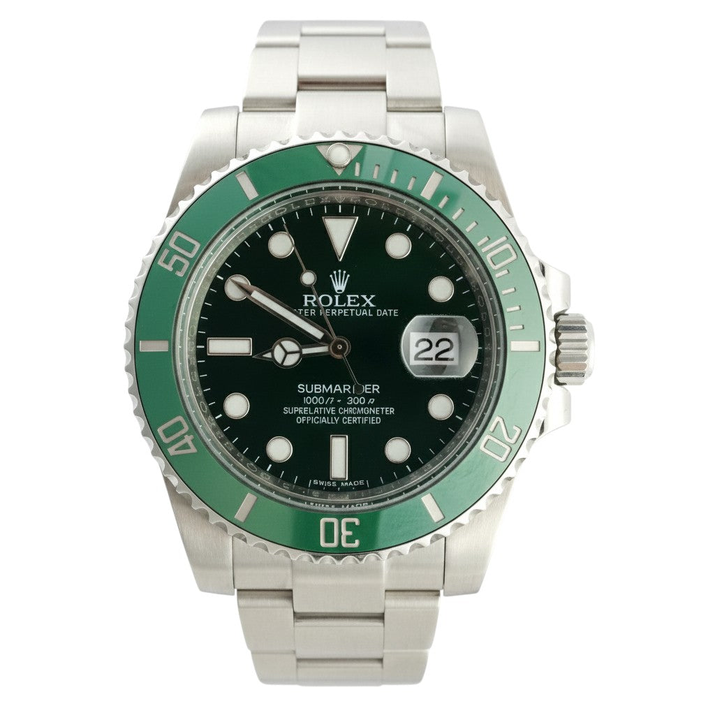 Rolex watch with green bezel and black face on a white background