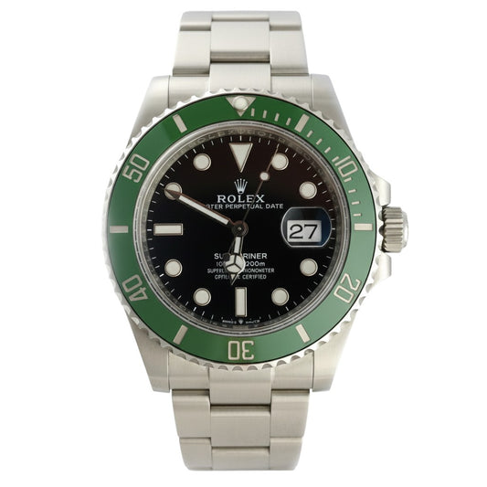 Rolex watch with green bezel and black face on a white background