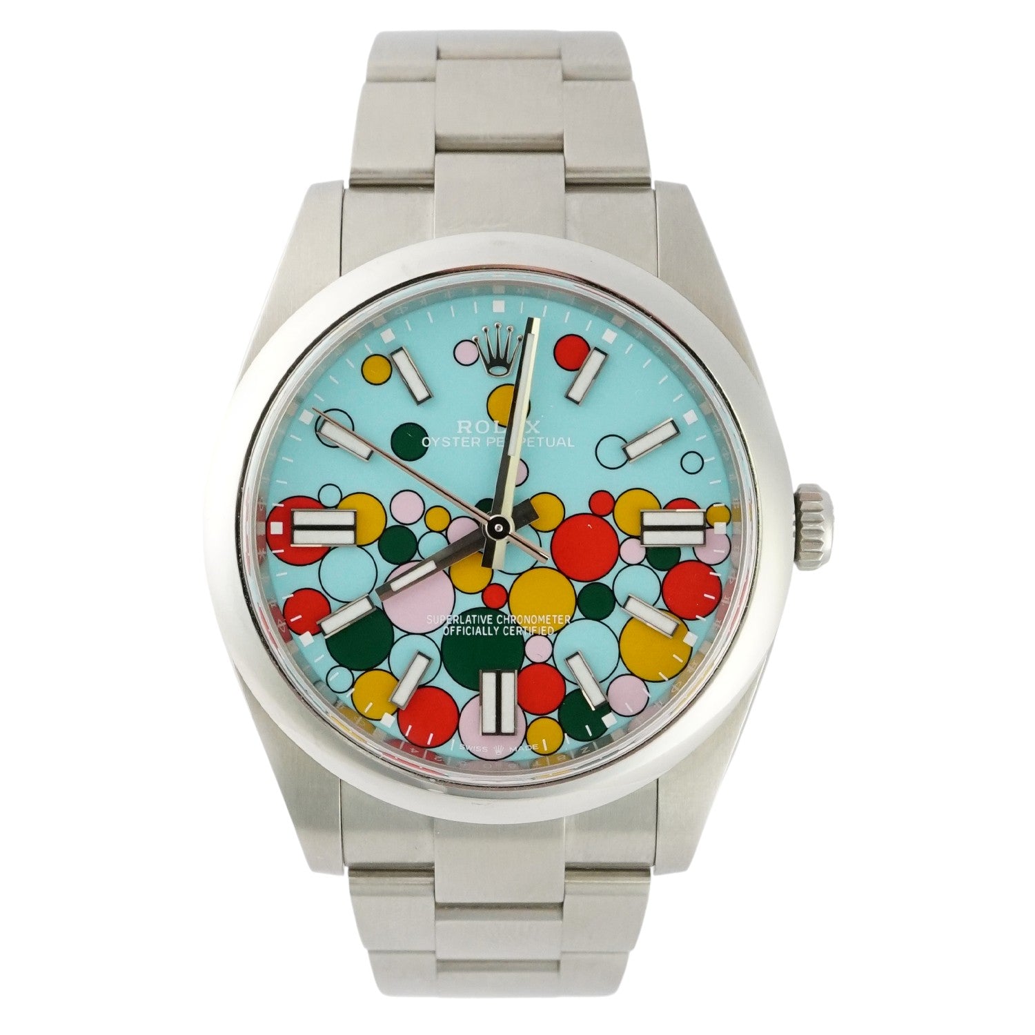 Silver watch with a colorful circular face on a white background