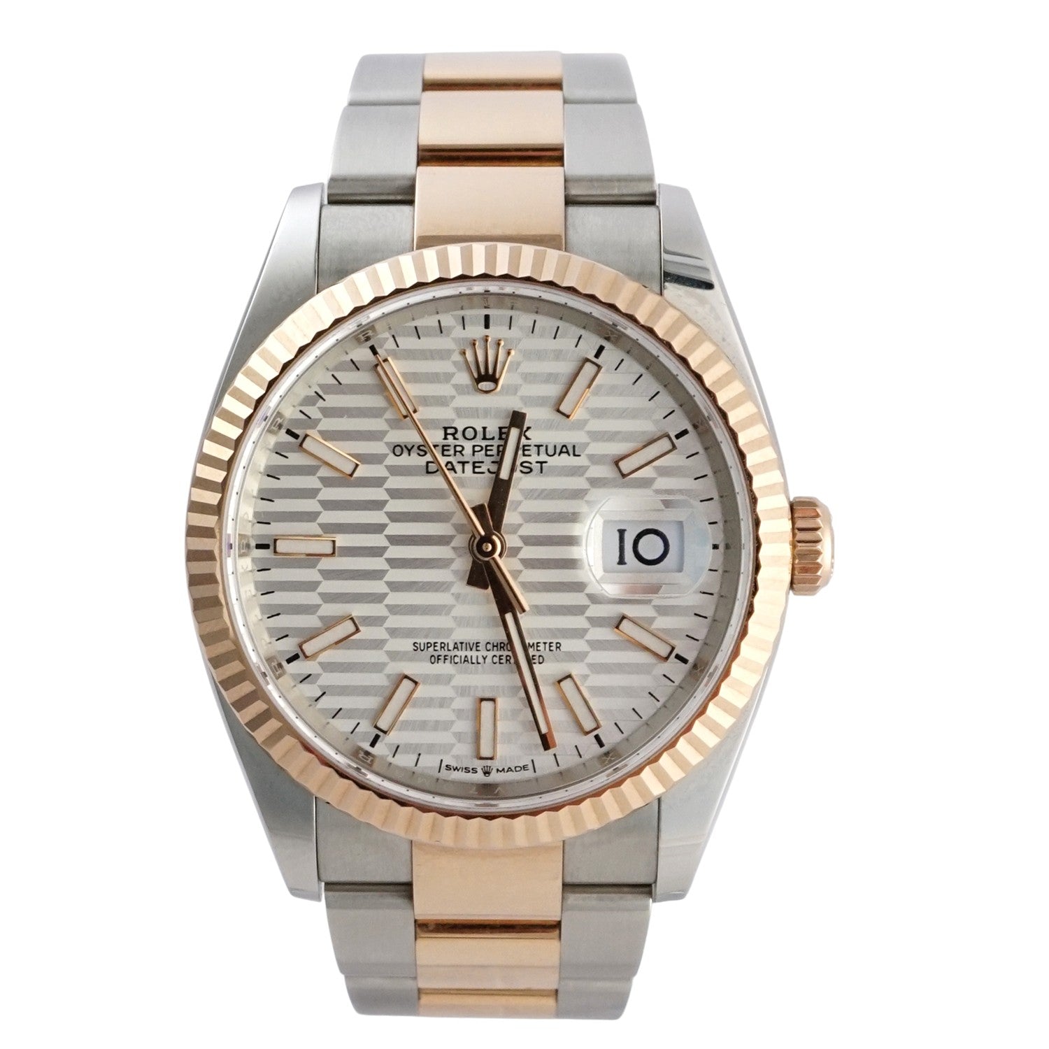 Two-tone watch with silver and rose gold band on a white background
