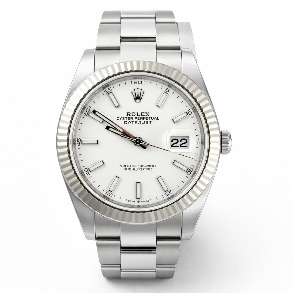 Silver Rolex watch on a white background