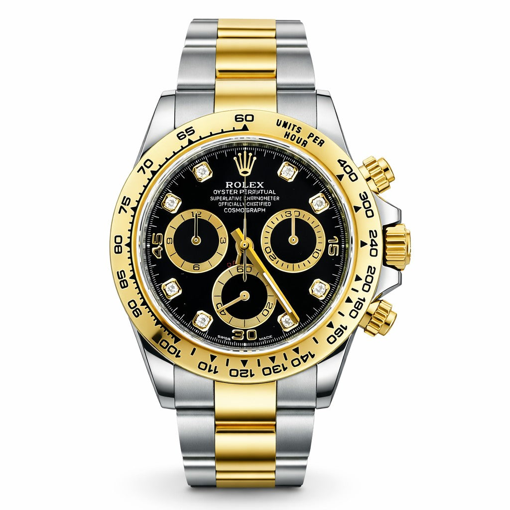 Luxury watch with black face, gold accents, and silver and gold band on white background
