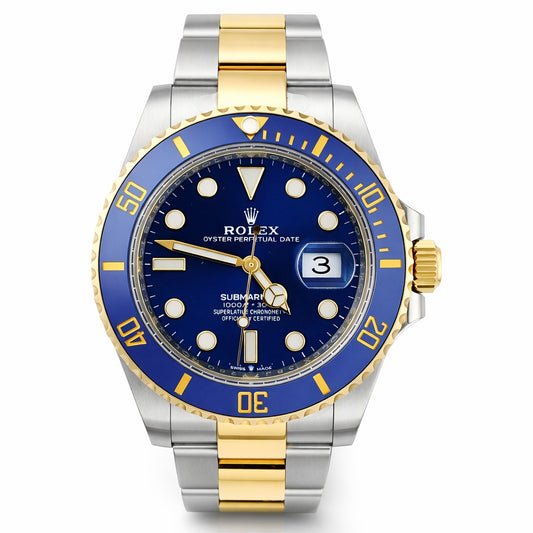 Two-tone silver and gold Rolex watch with blue dial on a white background