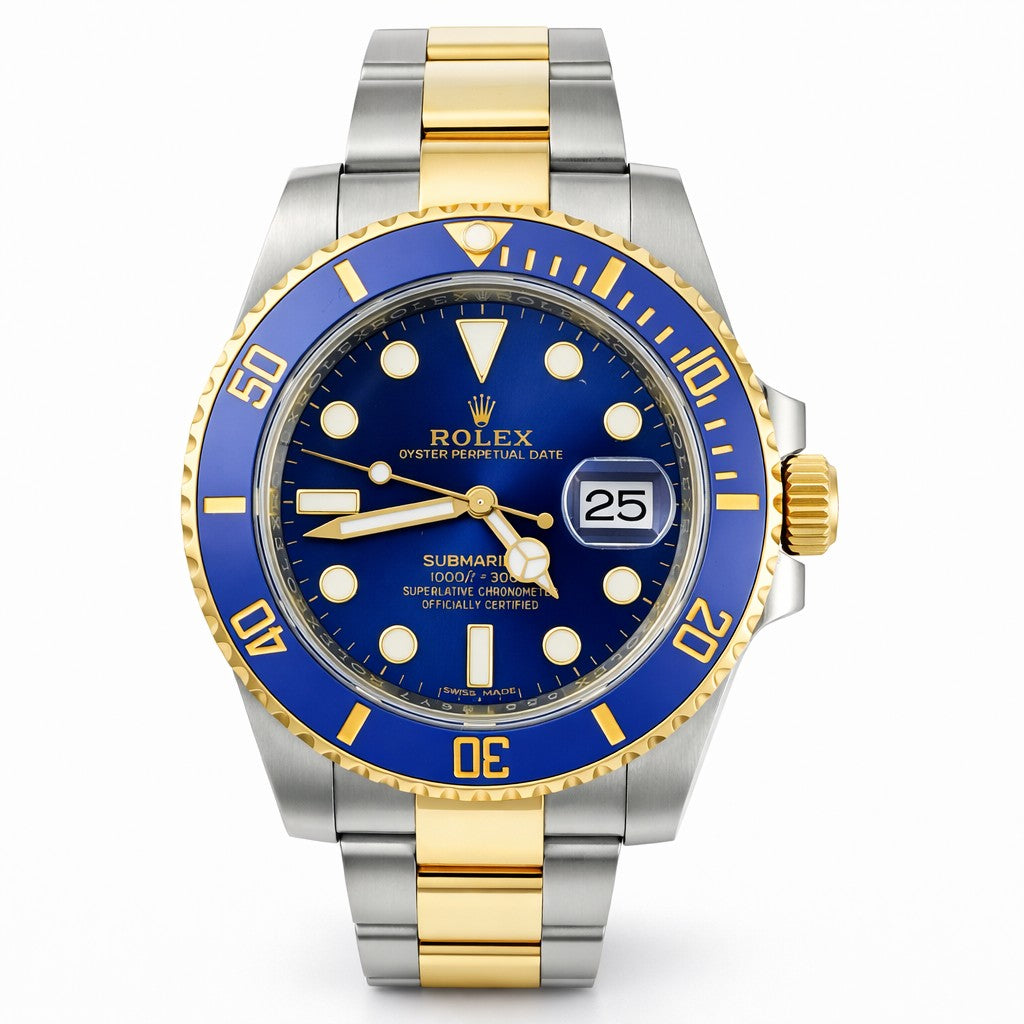 Rolex watch with blue face and gold accents on a white background