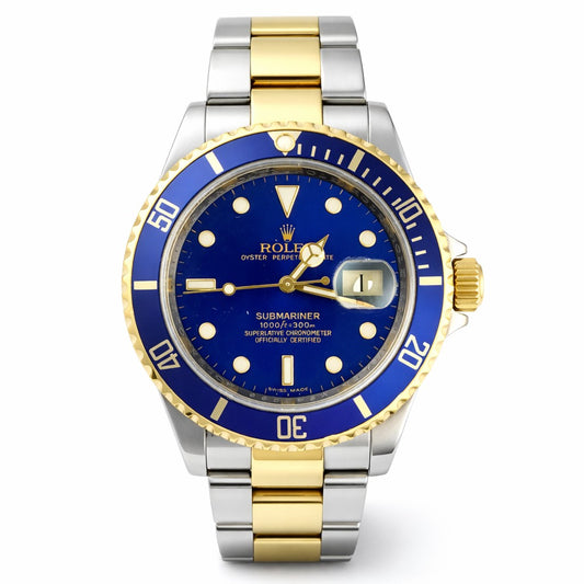 Two-tone gold and silver watch with blue dial on a white background