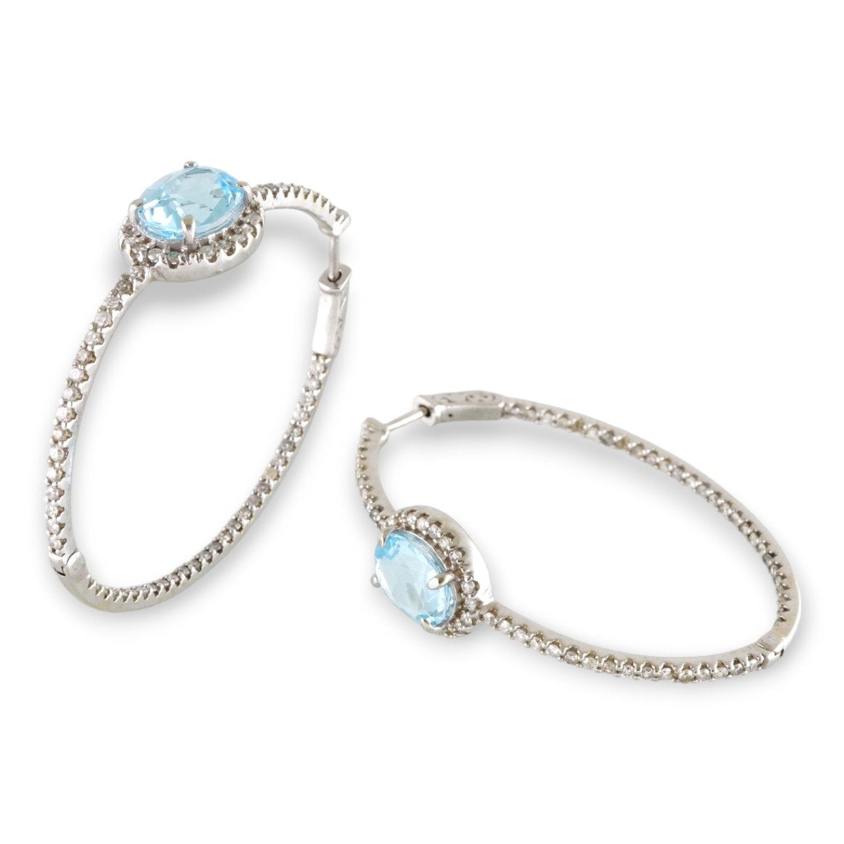 14k Diamond Light Blue Stone and White Gold Hoops image 1