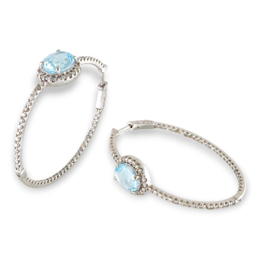 14k Diamond Light Blue Stone and White Gold Hoops image 1