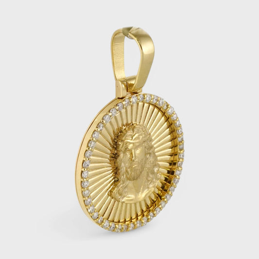 10k Yellow Gold Diamond Jesus Face Round Pendant image 1