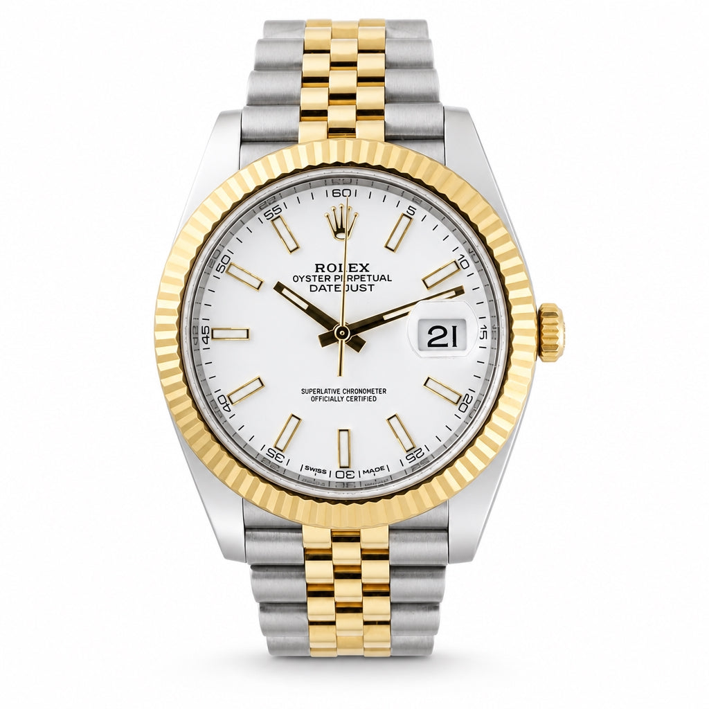 Rolex Oyster Perpetual Datejust watch with a two-tone silver and gold stainless steel case and bracelet, featuring a white dial with gold indices and a date window.