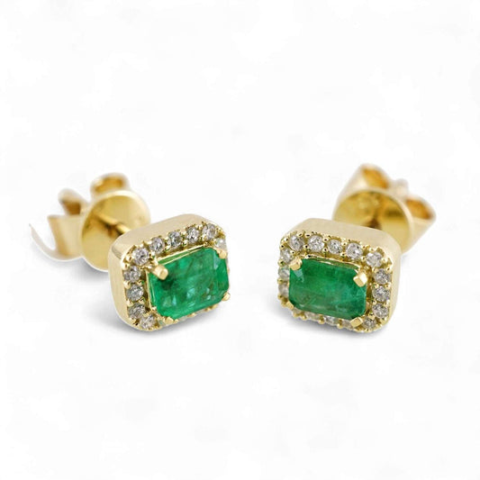 14k Yellow Gold Diamond Emerald Vintage Studs image 0